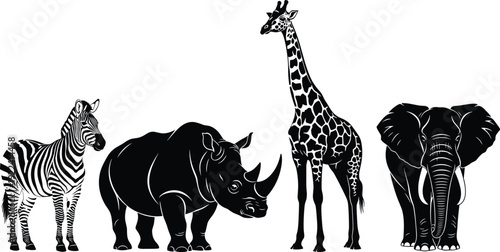 Black African Safari Wildlife Silhouettes Set Featuring Zebra Rhino Giraffe and Elephant for Nature Conservation Zoo Education Wilderness Travel and Savanna Animal Illustrations