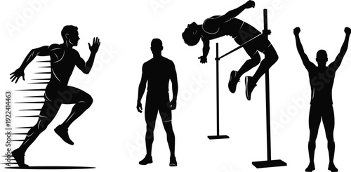 Athletic male silhouettes performing high jump sprinting and celebrating isolated on white background for track and field sports competition and fitness training concepts