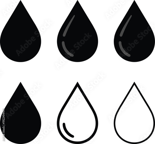 Black and White Water Drop Icons Set Featuring Solid Outlined and Reflective Drip Shapes for Nature Environment Plumbing Weather and Liquid Cleanliness Graphic Design