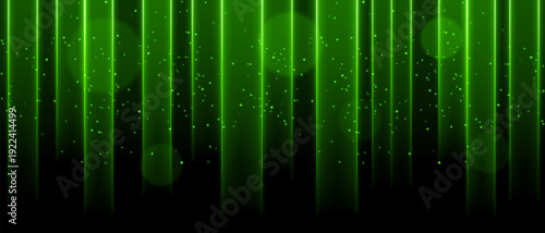 White vertical light curtain composition. Multiple glowing columns descending from top, scattered light dots, soft circular bokeh, dark backdrop, luminous haze atmosphere, abstract stage illumination.