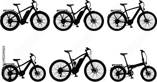 Black Electric Bicycle Silhouettes Set Featuring Mountain Bikes Folding eBikes and Commuter Bicycles for Sustainable Transport Eco Friendly Travel Cycling Sports and Modern Urban Mobility