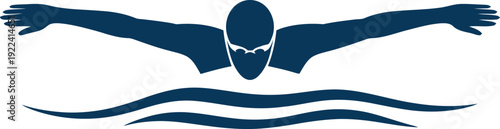 Swimming athlete vector logo design, minimalist blue swimmer silhouette in water waves for aquatic sports, fitness, and professional coaching, branding.