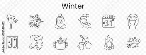 Winter season set icon. Snow lamp, pine cone, santa, bird hat, calendar date, warm hat, window frost, socks, hot drink, mittens, fire, snowstorm