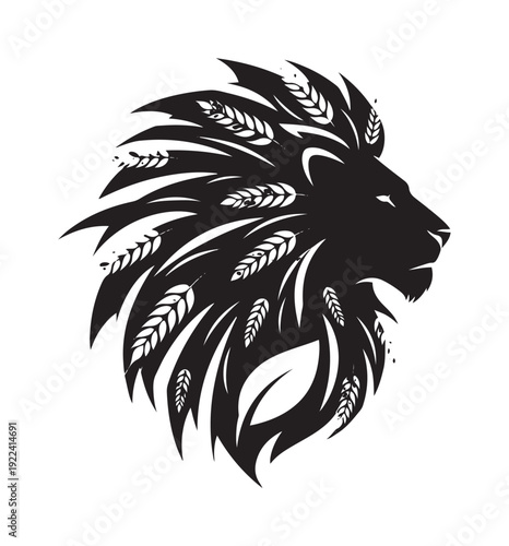 Lion Head Silhouette with Wheat Illustration.