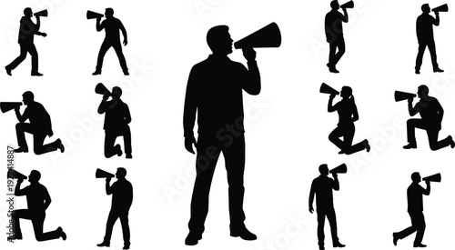 Black Megaphone Silhouettes Set Featuring Men and Women Shouting Through Loudspeakers for Marketing Protests Emergency Announcements Public Speaking and Communication Concept Graphic Design