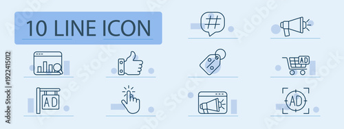 Advertising set icon. Hashtag bubble, megaphone, discount tag, ad cart, banner sign, click gesture, promotion screen, target ad, marketing campaign, digital outreach.