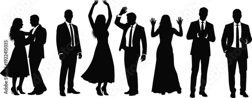 Black Professional Business People Silhouettes Set Featuring Men and Women in Suits Dancing Cheering and Standing for Corporate Events Success and Formal Celebrations