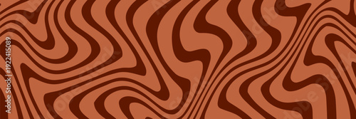 Retro coffee color background. Milk chocolate liquid dessert texture. Wavy swirl candy pattern for poster, cover, banner, pamphlet. Vintage brown trippy hippie wallpaper in 60s or 70s style. Vector