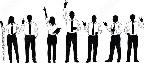 Black Professional Business People Silhouettes Set Featuring Office Workers Men and Women Pointing and Gesturing for Corporate Leadership Success Teamwork and Presentation Concepts