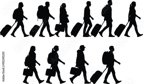 Black Silhouette Group of Travelers Walking with Suitcases Luggage and Backpacks Isolated on White Background for Airport Travel Tourism and Business Trip Vector Illustration