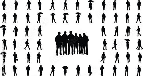 Black silhouettes of diverse people and pedestrians standing in a grid pattern around a central group of men on a white background for conceptual design.