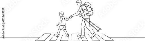 Father and son crossing road line art, family hiking sketch, travel safety concept, holding hands, outdoor journey, parenting, walking together, adventure, love, care