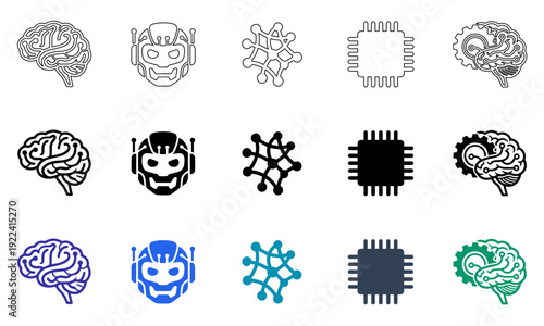 Artificial intelligence and smart technology icon set featuring robot head and neural network for futuristic interface design.