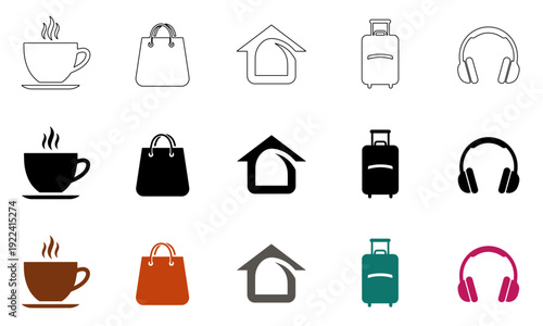Daily life lifestyle icon set with coffee cup and shopping bag for everyday activity web elements.