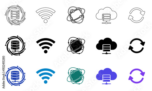 Digital system and network connectivity icon set showing cloud server and wifi signal for data management usage.