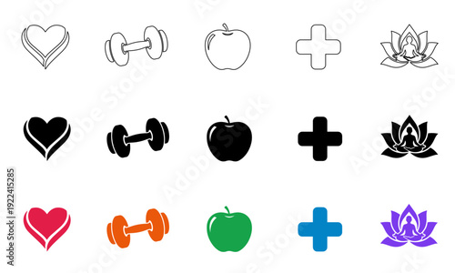 Health and wellness icon set including heart and yoga lotus for medical and fitness promotion.