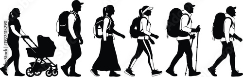 Black silhouettes of diverse people hiking with backpacks and trekking poles alongside a mother pushing a baby stroller isolated on a white background.