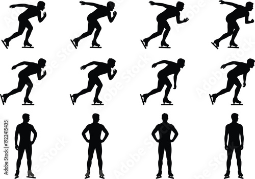 Black Speed Skating Silhouettes Set Featuring Professional Athletes in Racing Poses and Standing Positions for Winter Sports Design Olympic Competition and Fitness Illustrations