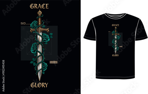 Gothic Sword & Teal Roses Shirt – Dark Fantasy Medieval Warrior Emblem Graphic Tee