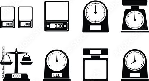 Black Weighing Scale Icons Set Featuring Digital Kitchen Scales Mechanical Dial Scales and Traditional Balance Scales for Culinary Measurement Laboratory Tools and Weight Comparison