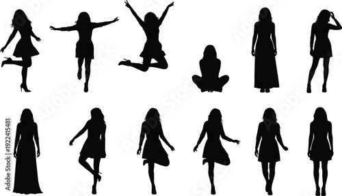 Black Woman Silhouettes Set Featuring Different Poses Including Jumping Dancing Sitting and Standing for Fashion Lifestyle Wellness Feminine Design and Creative Social Media Illustrations