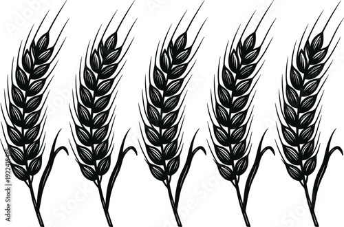 Black Wheat Ear Silhouettes Set Featuring Organic Cereal Grains for Bakery Logos Agricultural Industry Natural Farm Products Bread Packaging Design and Autumn Harvest Illustrations