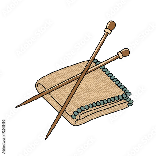 Knitting needles and beige knitted fabric vector illustration