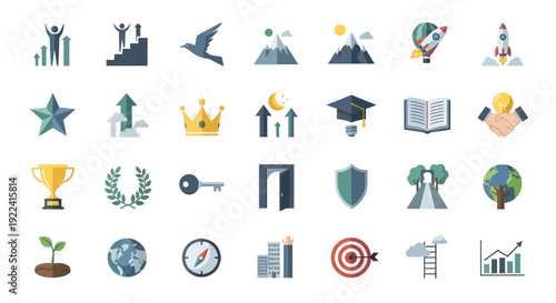 Business Growth Icons: Success, Goals, Achievement, Innovation, Teamwork, and Strategy