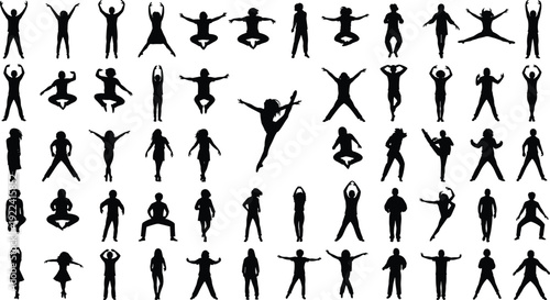 Large Collection of Black Human Silhouettes in Various Active Poses Jumping Dancing and Exercising Isolated on White Background for Diverse Lifestyle Graphic Design Projects
