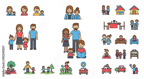 Diverse Family Icons: Parents, Children, Pets, Homes, Activities, and Lifestyle