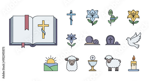 Christianity Icons Set: Bible, Cross, Lily, Dove, Lambs, Easter Symbols