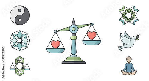 Balance, Harmony, Peace Symbols: Yin Yang, Scales of Justice, Dove, Meditation