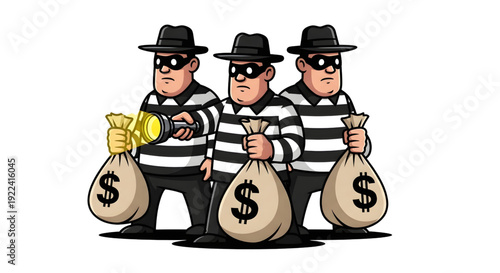 Cartoon Robbers with Money Bags On White
