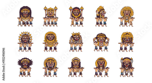 Pixel Art Balinese Barong Dance Masks and Performers on White Background