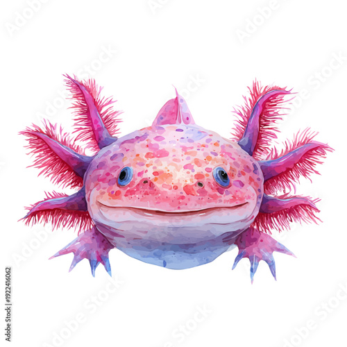 Axolotl Head in watercolor style, vector illustration, isolated on white background.