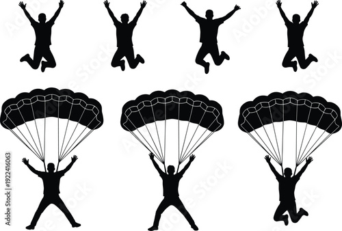Large Set of Black Skydiver Silhouettes Jumping and Flying with Parachutes Isolated on White Background for Extreme Sports Adventure and Skydiving Graphic Design Projects