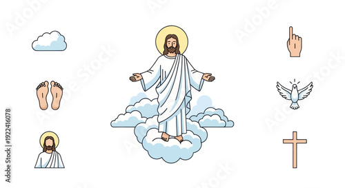 Jesus Christ Ascending to Heaven on Clouds, Christian Symbols Icons