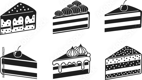 Assortment of six stylized slices of cake with different toppings and decorations Keywords: cake, slice, dessert, sweet, pastry