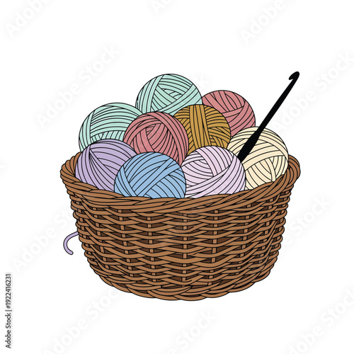 Wicker Basket with Colorful Yarn Balls and Crochet Hook Vector