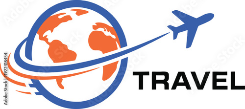 Travel agency logo vector, airplane flying around globe illustration, international tourism concept, global flight symbol, minimalist flat design icon