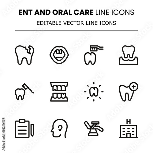 ENT and Oral Care Modern Line Icon Set. Designed for ear exams, oral health, and throat treatments.