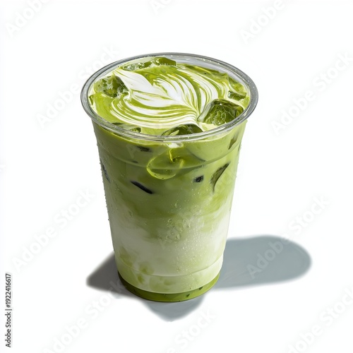 Iced matcha latte with foam art in a clear plastic cup isolated on transparent background