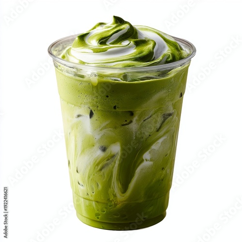 Iced matcha latte with foam art in a clear plastic cup isolated on transparent background