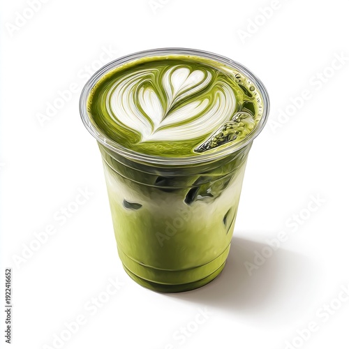 Iced matcha latte with foam art in a clear plastic cup isolated on transparent background