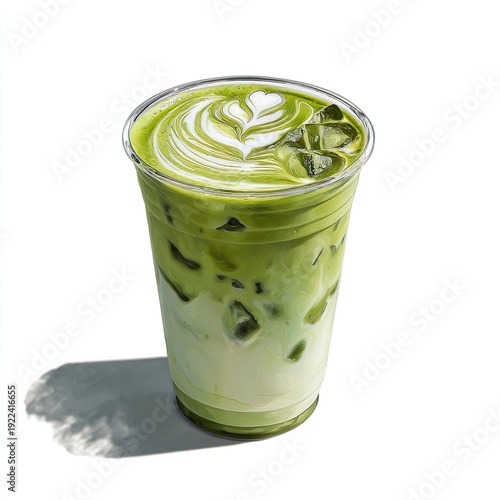 Iced matcha latte with foam art in a clear plastic cup isolated on transparent background