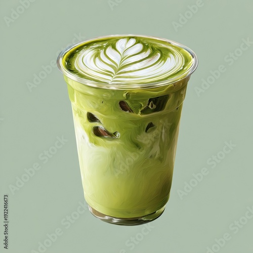 Iced matcha latte with foam art in a clear plastic cup isolated on transparent background