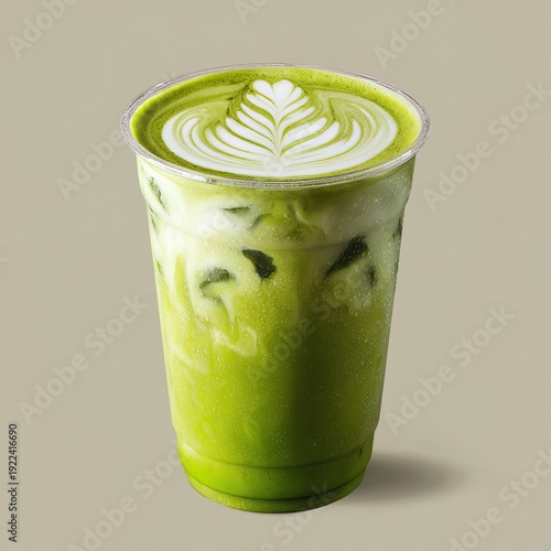 Iced matcha latte with foam art in a clear plastic cup isolated