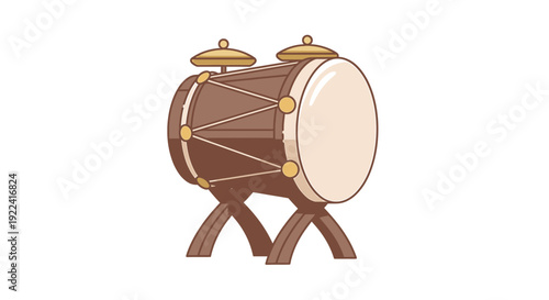 Illustration of a traditional drum with cymbals on a wooden stand, viewed from the side