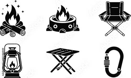 Camping Equipment Icons Including Fire And Chair Keywords: camping, equipment, icons, campfire, bonfire, logs, sparks, fire pit