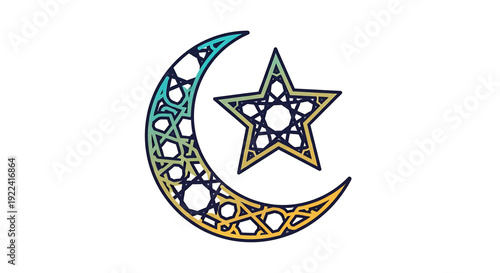 Crescent moon and star symbol illustration with intricate patterns and designs on a festive occasion